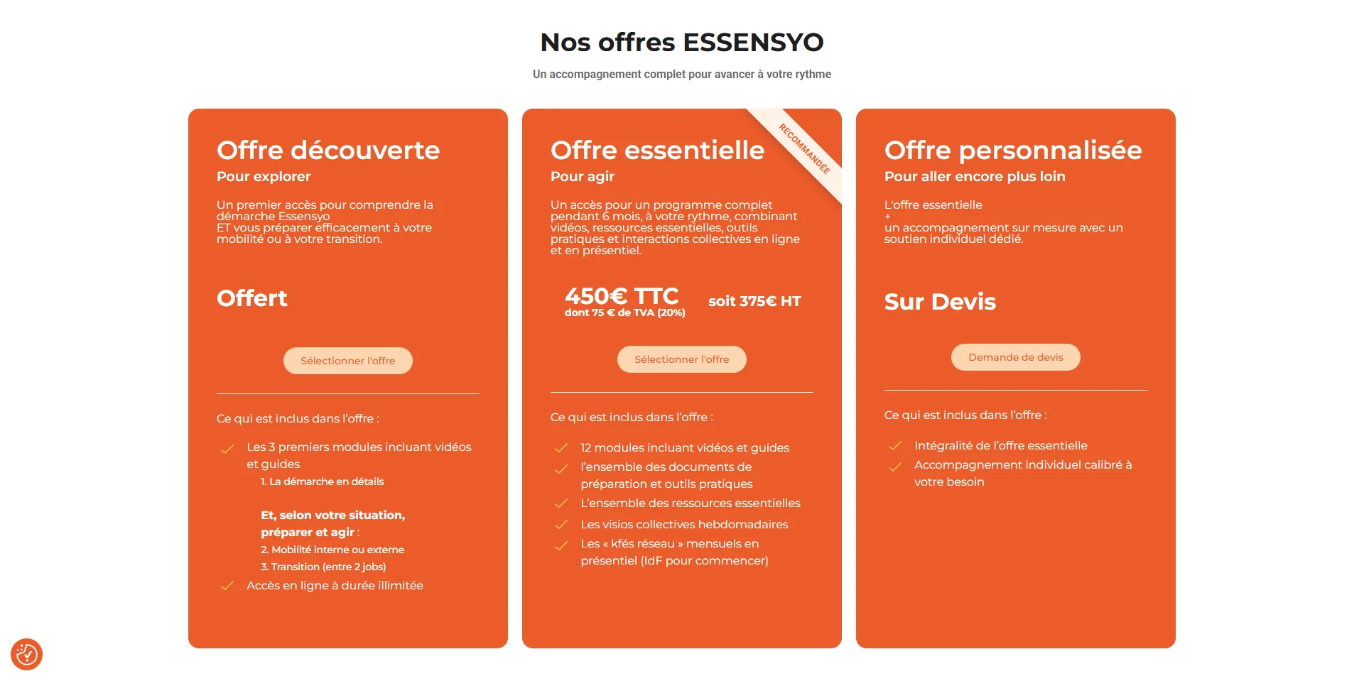 Capture d'écran de la page Nos offres du site Essensyo
