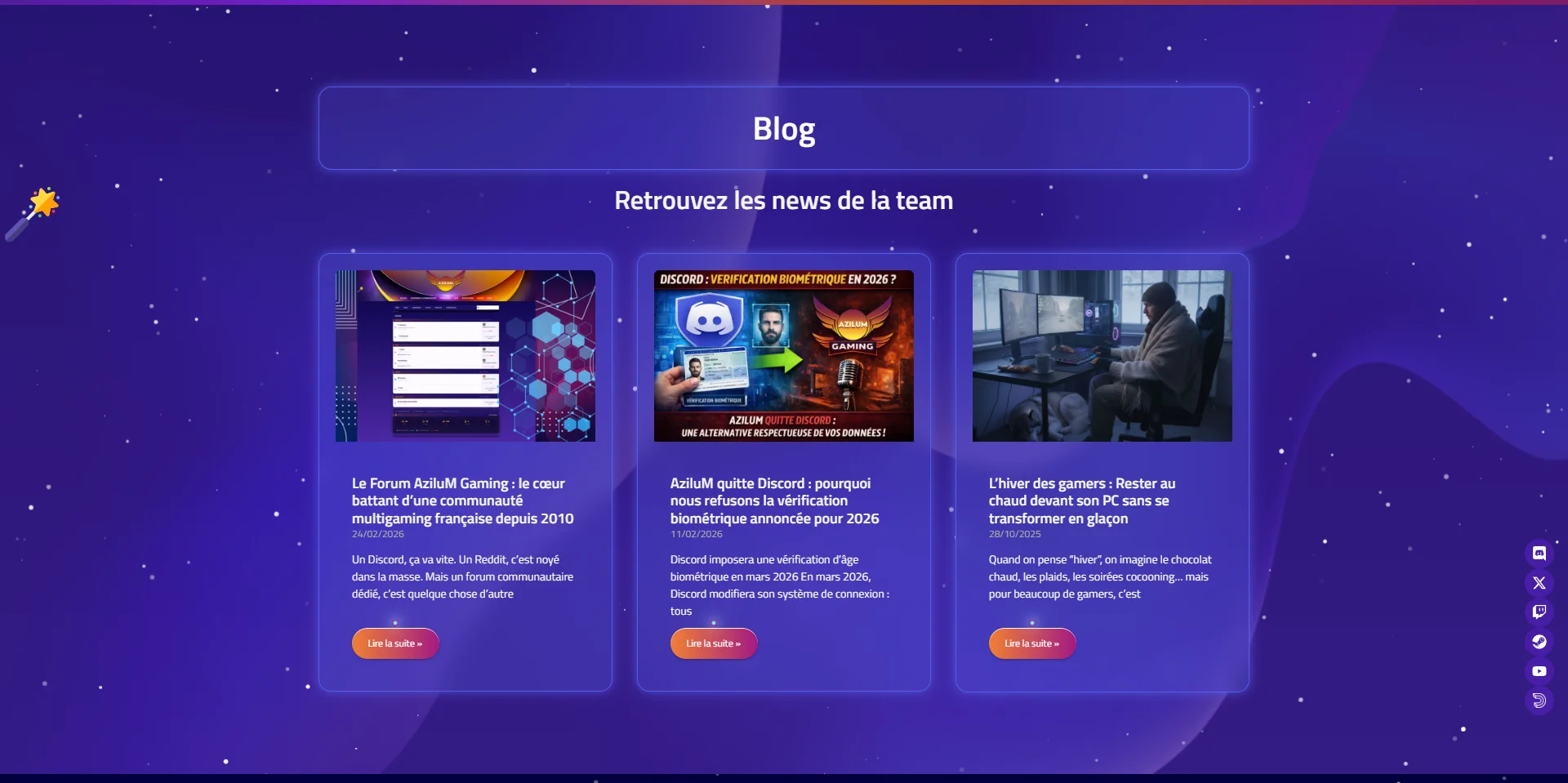 Capture d'écran de la page d'accueil du site AziluM Gaming