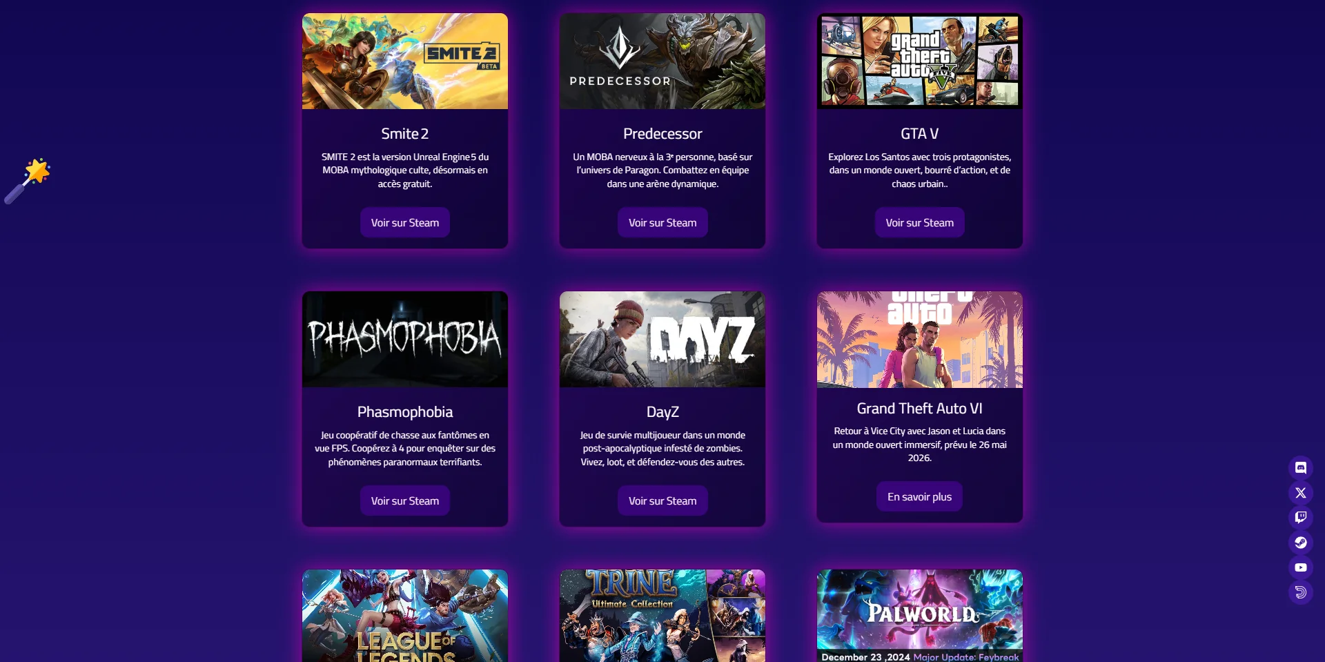 Capture d'écran de la page Jeux du site AziluM Gaming