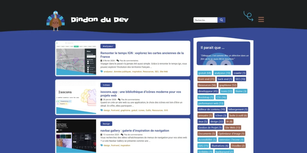 Capture d'écran de la page d'accueil du site Dindon du Dev