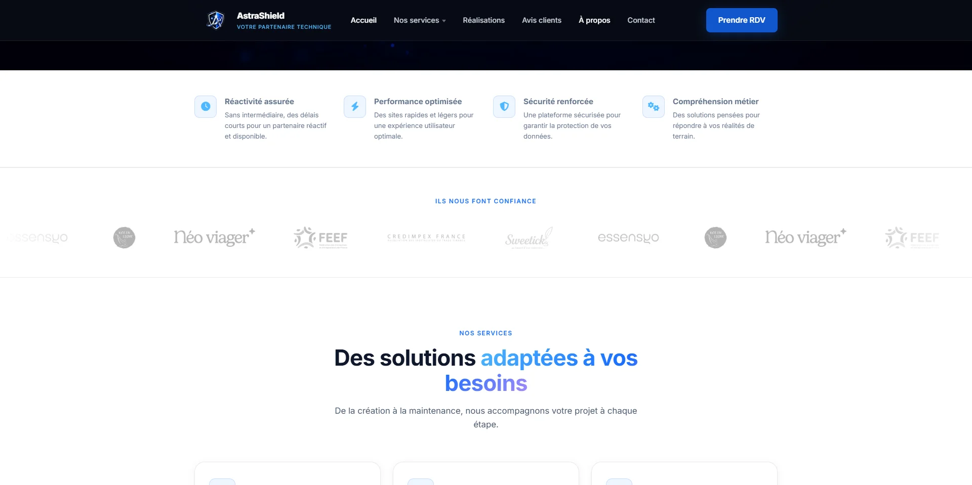 Capture d'écran de la page d'accueil du site AstraShield