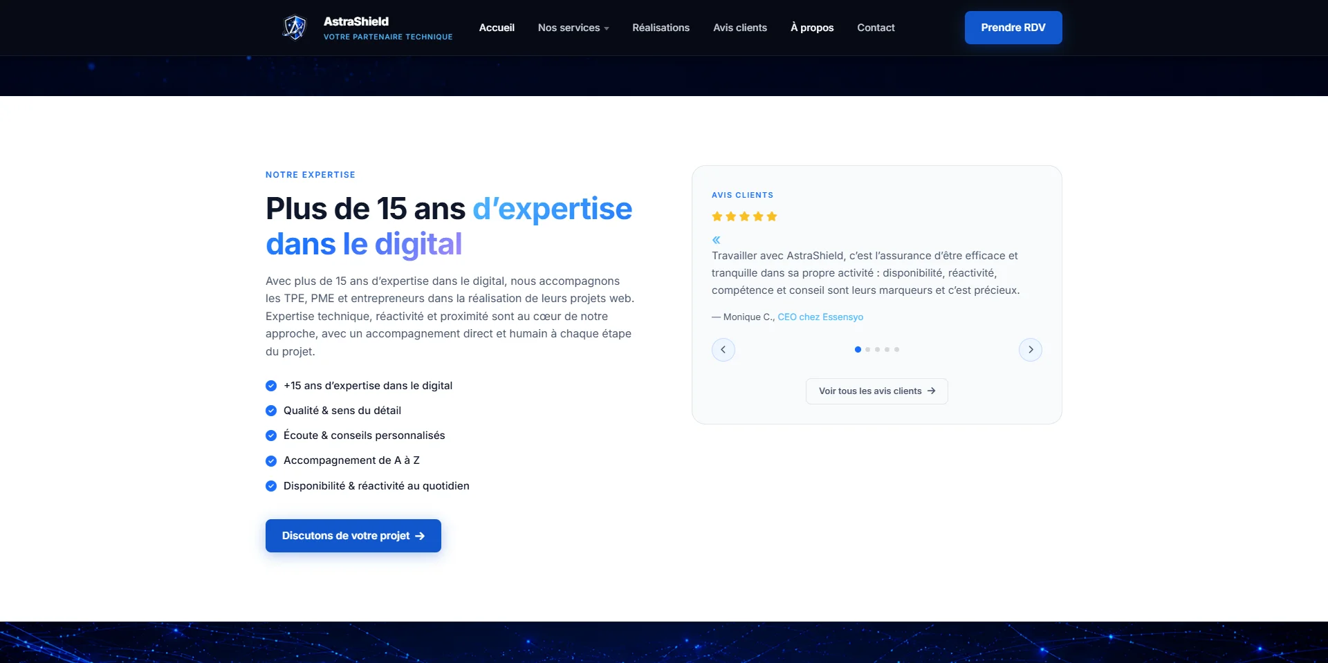 Capture d'écran de la page d'accueil du site AstraShield