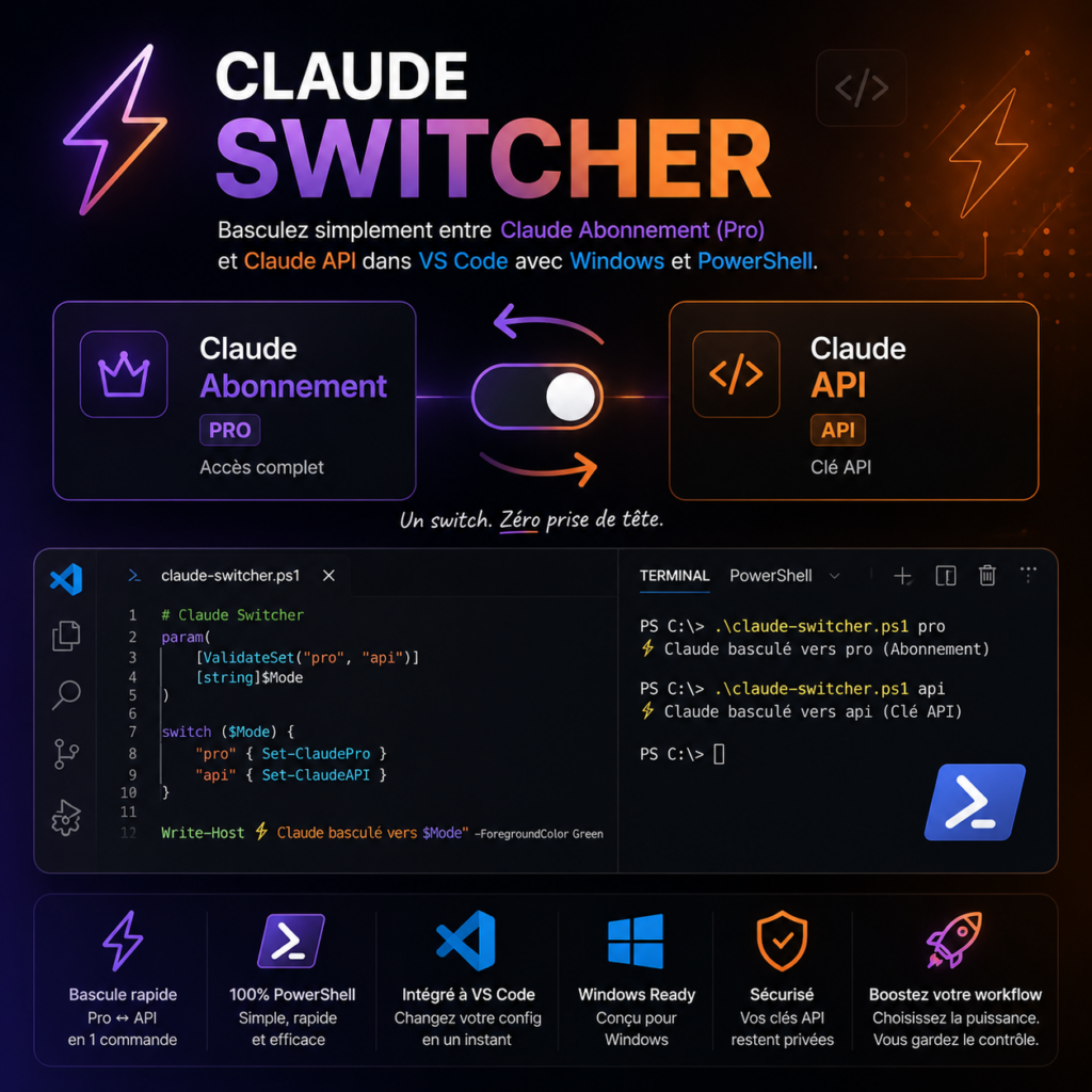 Bannière de l'utilitaire Claude Switch permettant de basculer entre l'abonnement Claude Pro et l'API Claude